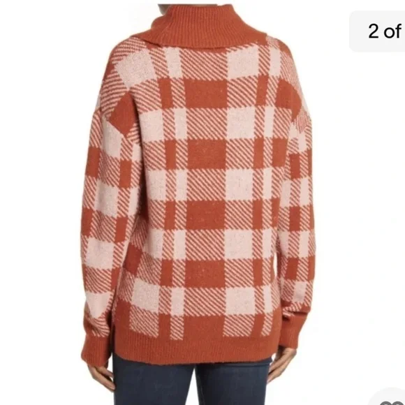 New Olivia Sky Plaid Print Rust Cowl Neck Sweater size large - Picture 8 of 8